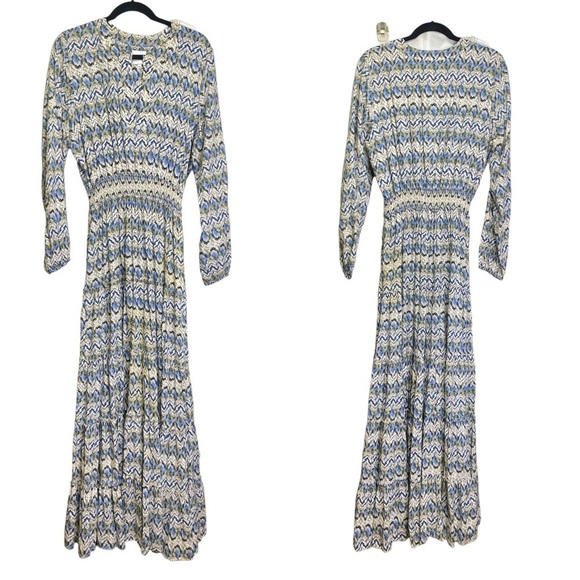 Misa Long Sleeve Maxi Dress Smocked Waist Blue White Geometric Print - Picture 2 of 10